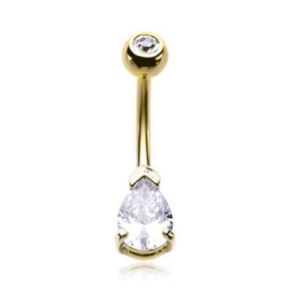 Golden Classic Teardrop Sparkle Gem Belly Button Ring - Picture 1 of 4